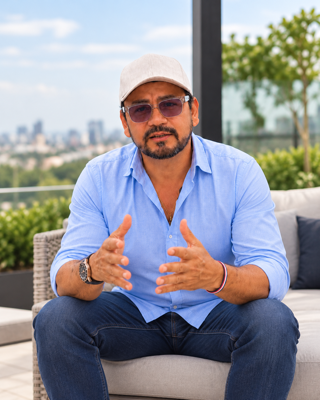 Norberto Pomares sentado, con gorra clara y camisa azul
